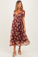 Burgundy Floral Chiffon Sweetheart Neckline Maternity Midi Dress