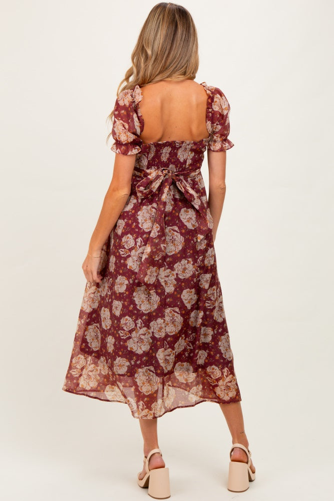 Burgundy Floral Chiffon Sweetheart Neckline Maternity Midi Dress