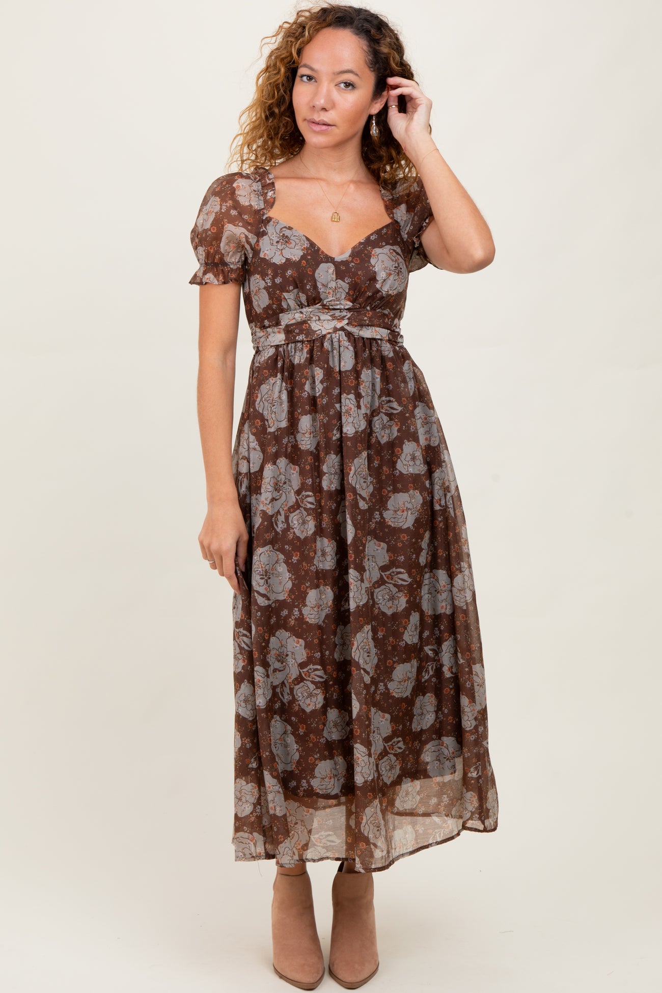Brown Floral Chiffon Sweetheart Neckline Midi Dress