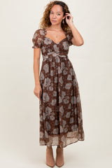 Brown Floral Chiffon Sweetheart Neckline Maternity Midi Dress