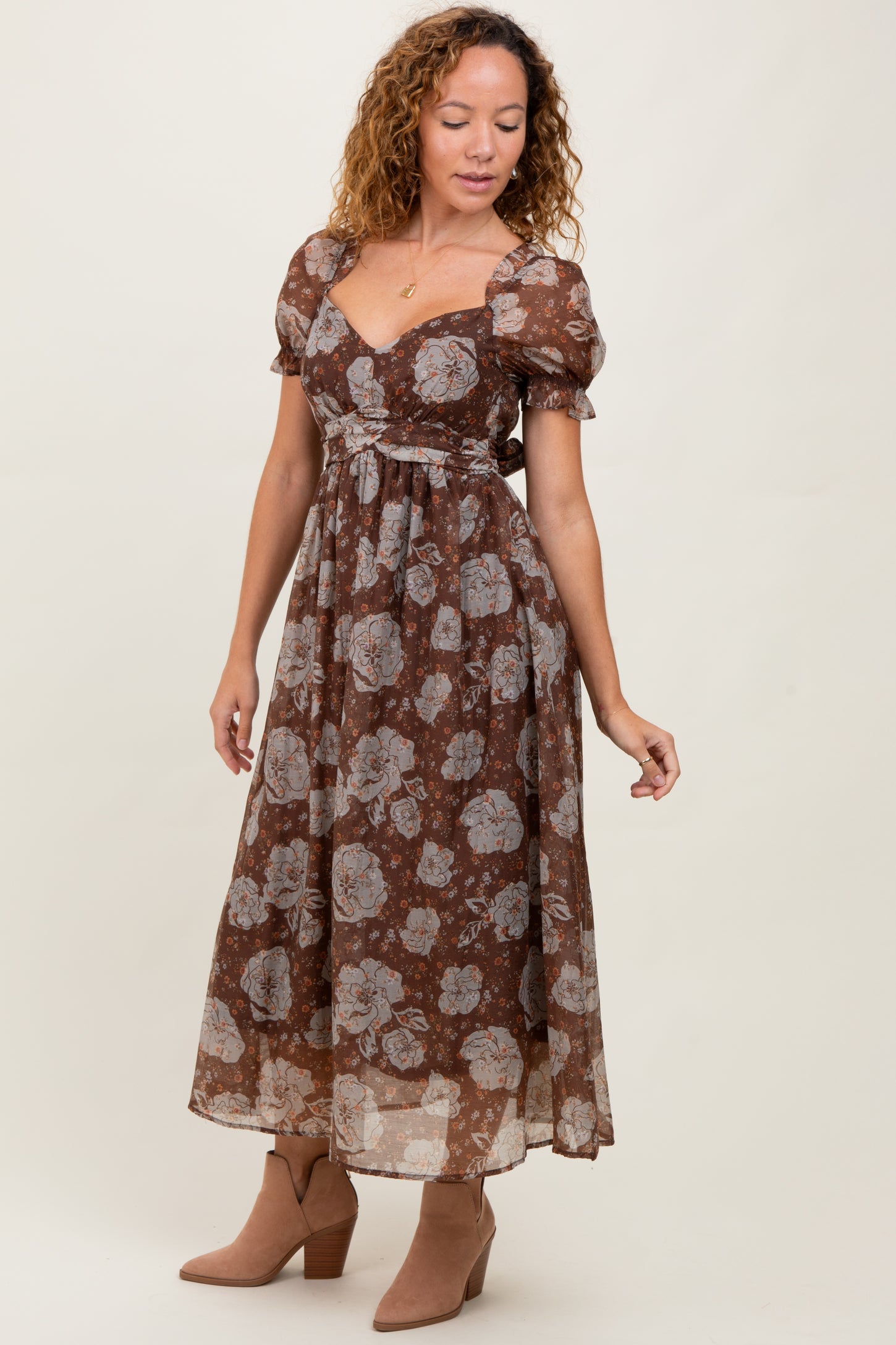 Brown Floral Chiffon Sweetheart Neckline Midi Dress