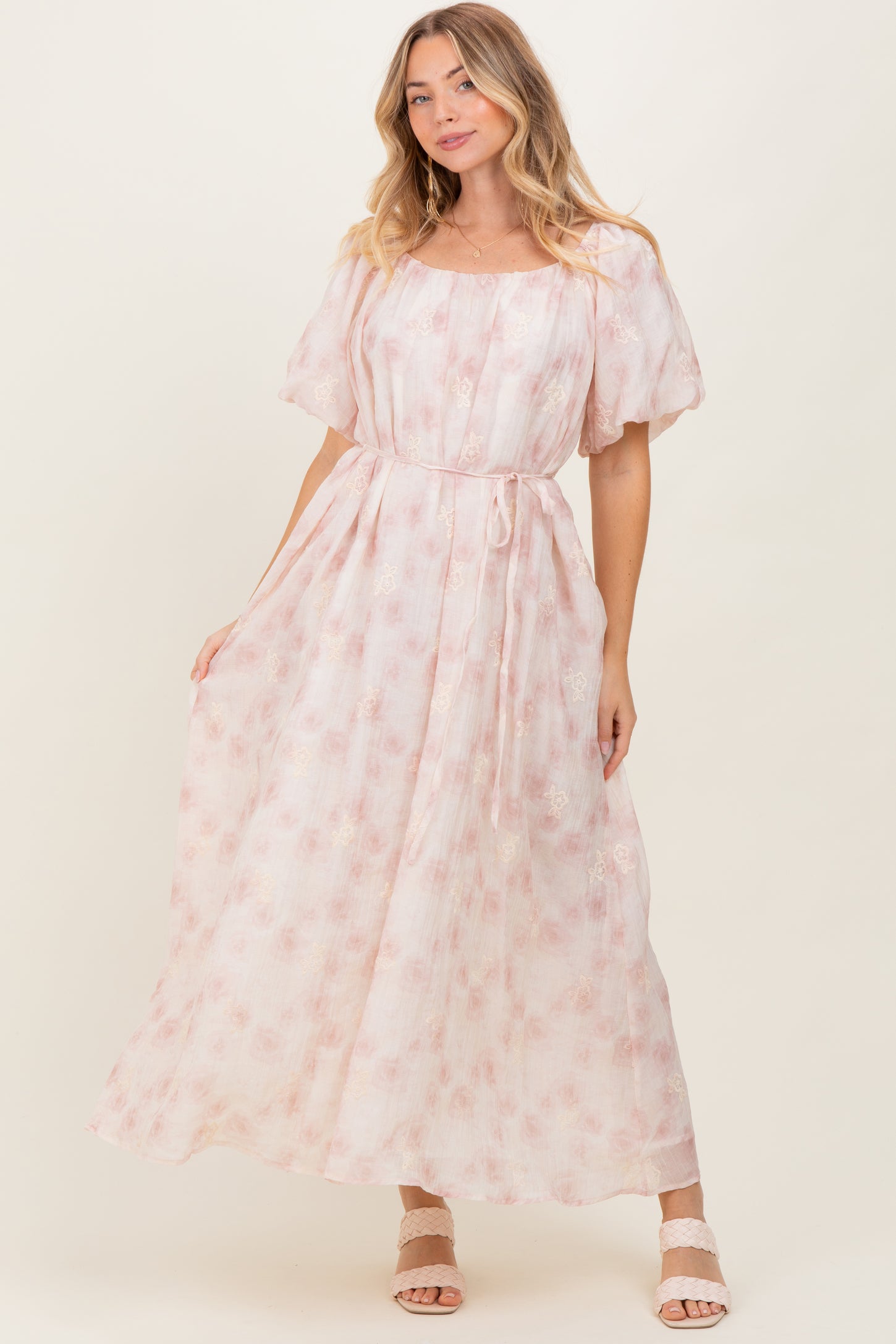 Ivory Floral Embroidered Puffed Sleeve Maternity Midi Dress
