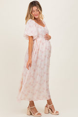 Ivory Floral Embroidered Puffed Sleeve Maternity Midi Dress