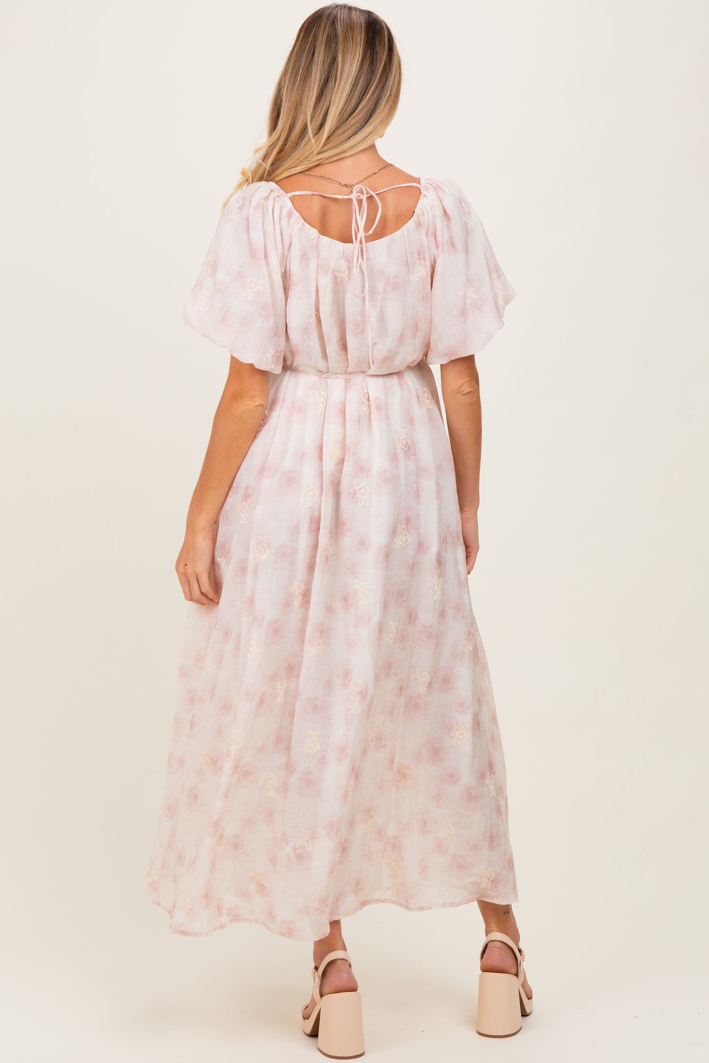 Ivory Floral Embroidered Puffed Sleeve Maternity Midi Dress