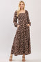Brown Floral Square Neck Long Sleeve Maxi Dress