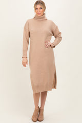 Camel Turtleneck Chunky Knit Maternity Midi Sweater Dress