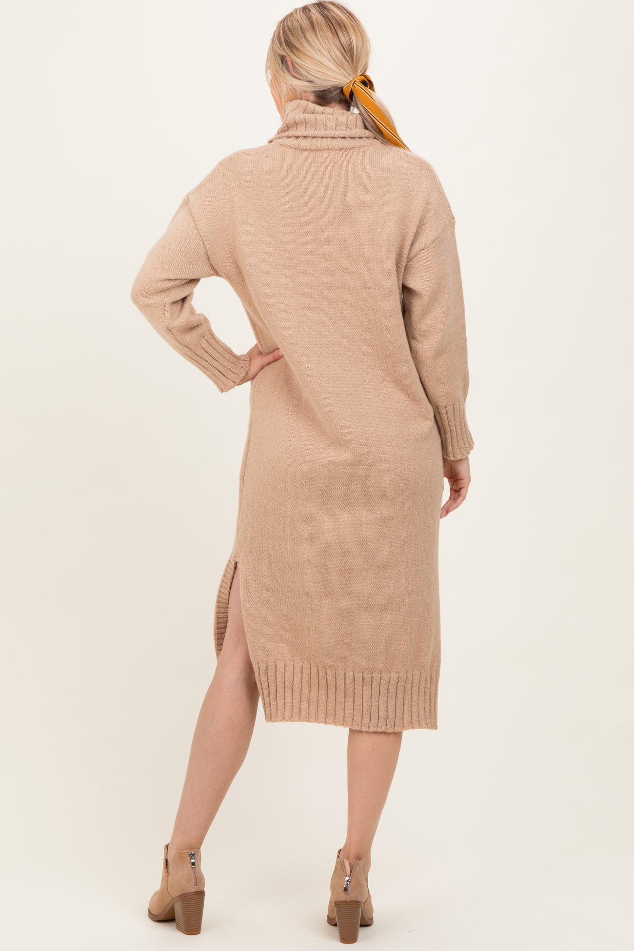 Camel Turtleneck Chunky Knit Midi Sweater Dress
