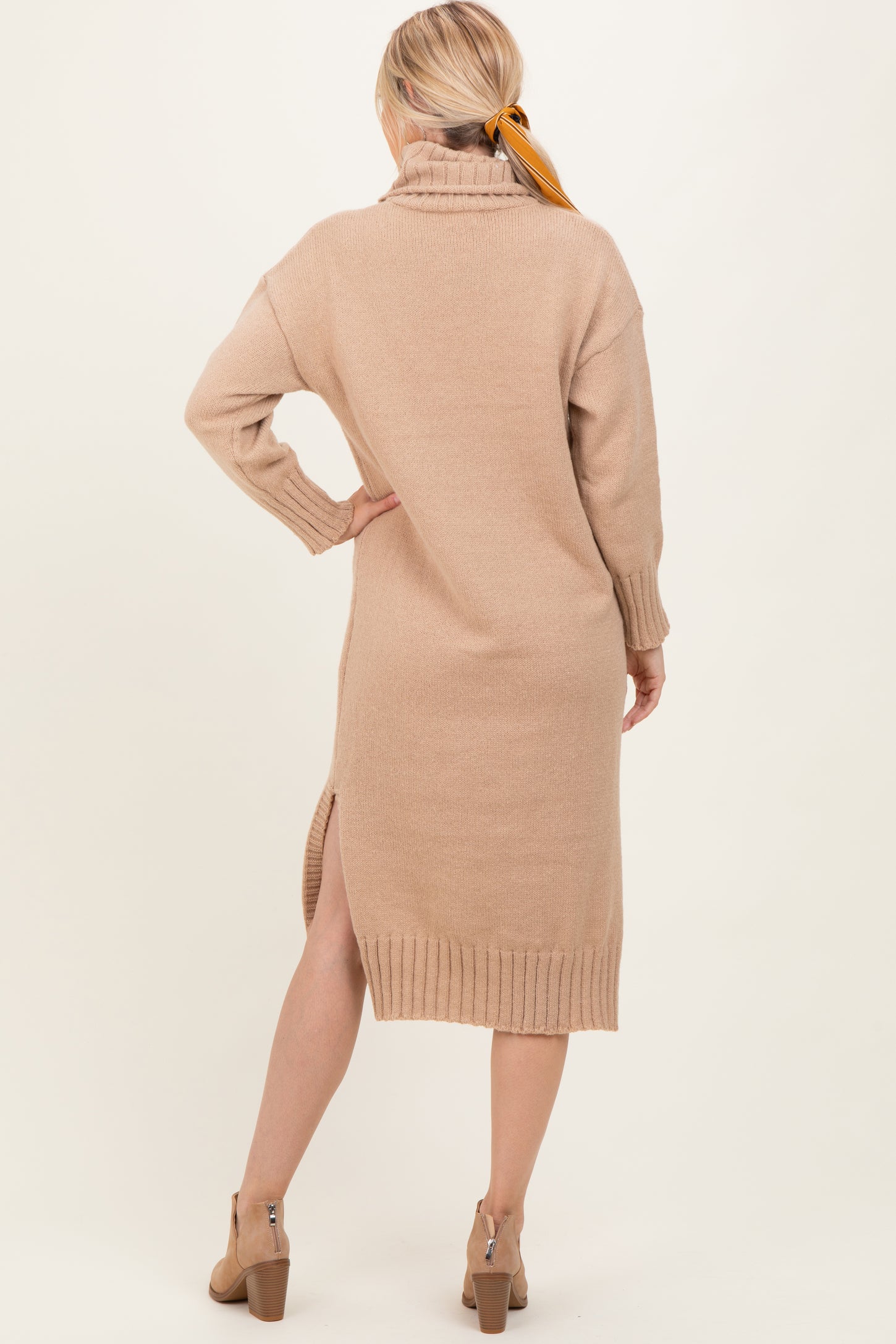 Camel Turtleneck Chunky Knit Midi Sweater Dress