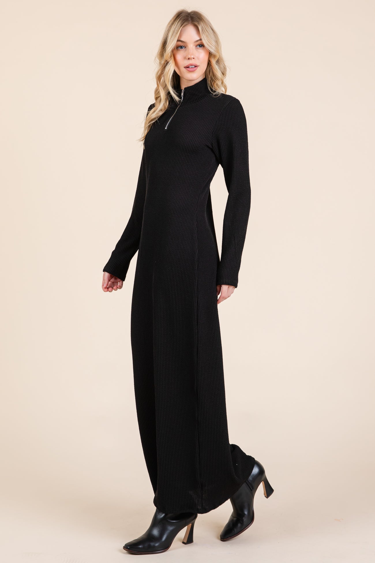 Black Textured Rib Quarter Zip Maxi Dress