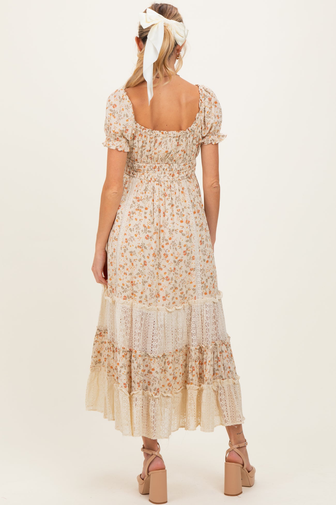 Cream Floral Lace Inset Puff Sleeve Maternity Maxi Dress