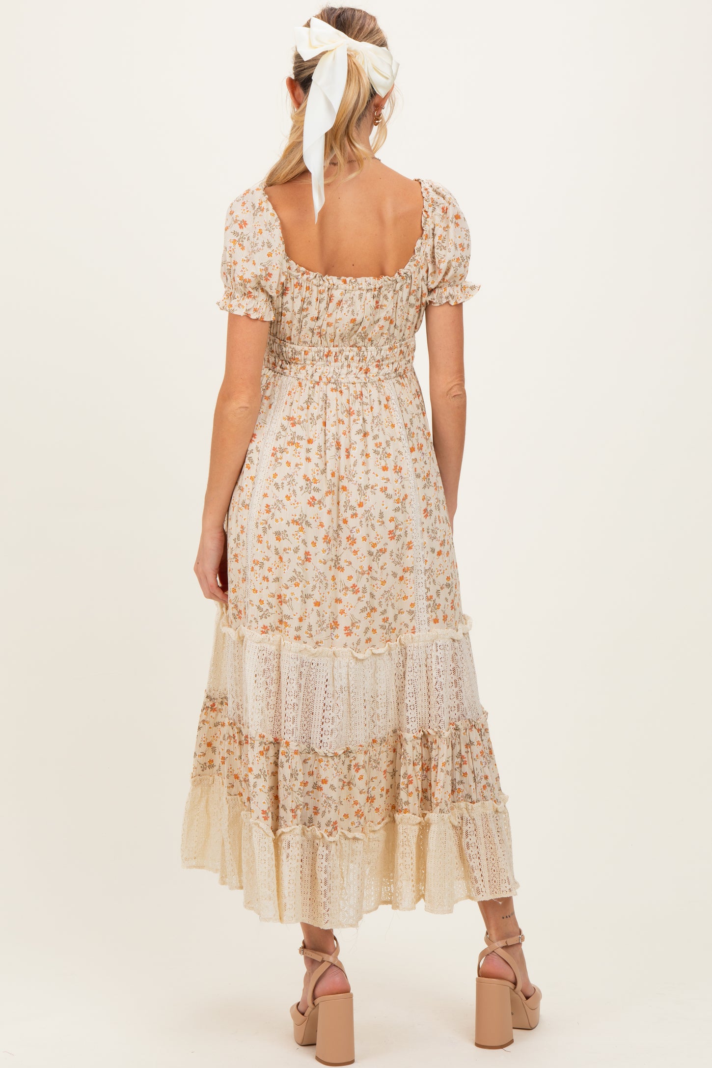 Cream Floral Lace Inset Puff Sleeve Maternity Maxi Dress