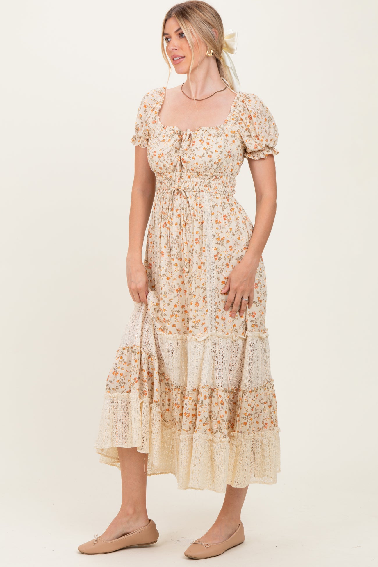 Cream Floral Lace Inset Puff Sleeve Maxi Dress