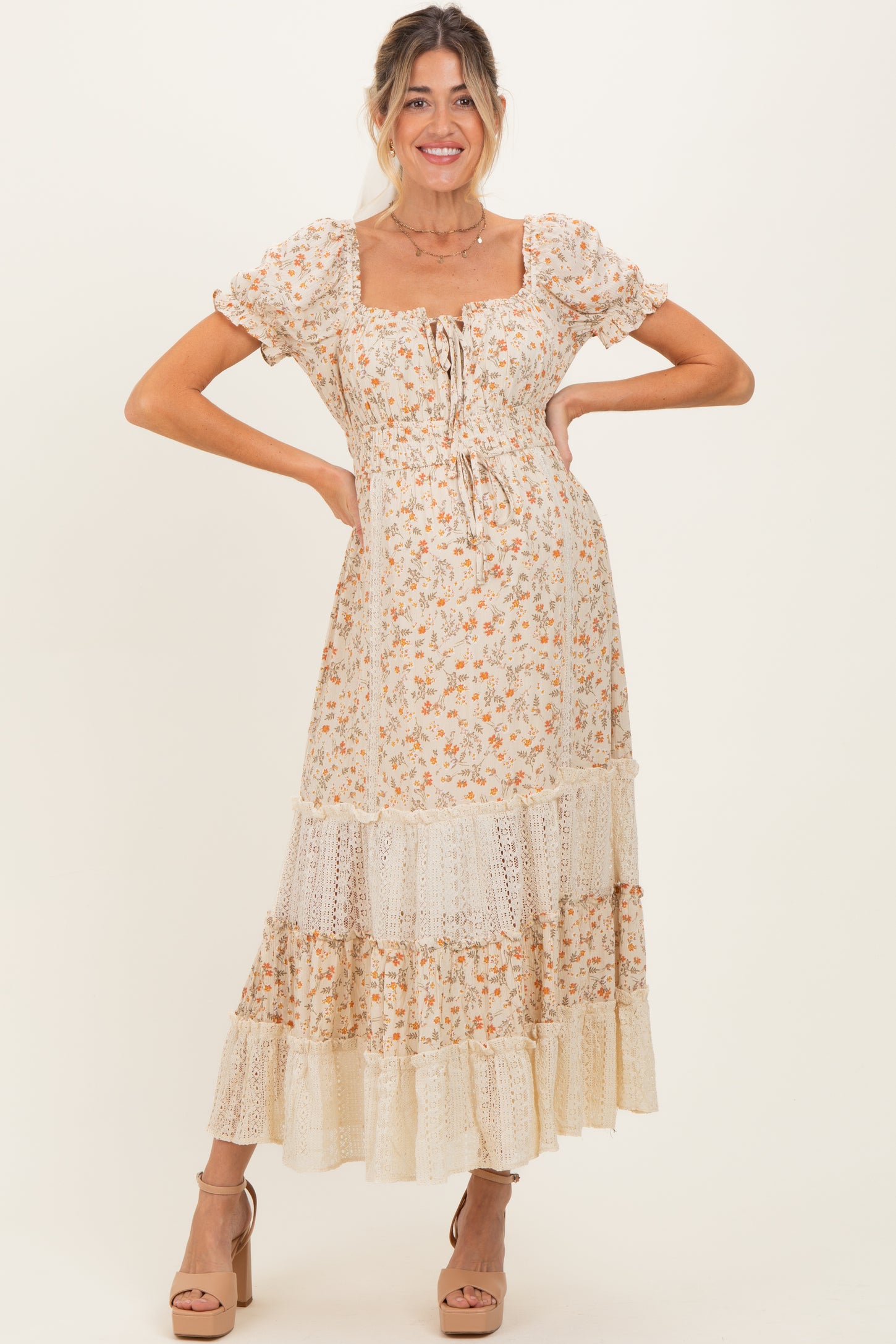 Cream Floral Lace Inset Puff Sleeve Maternity Maxi Dress