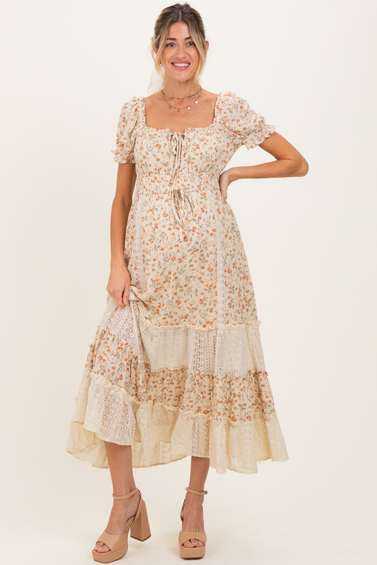 Cream Floral Lace Inset Puff Sleeve Maternity Maxi Dress