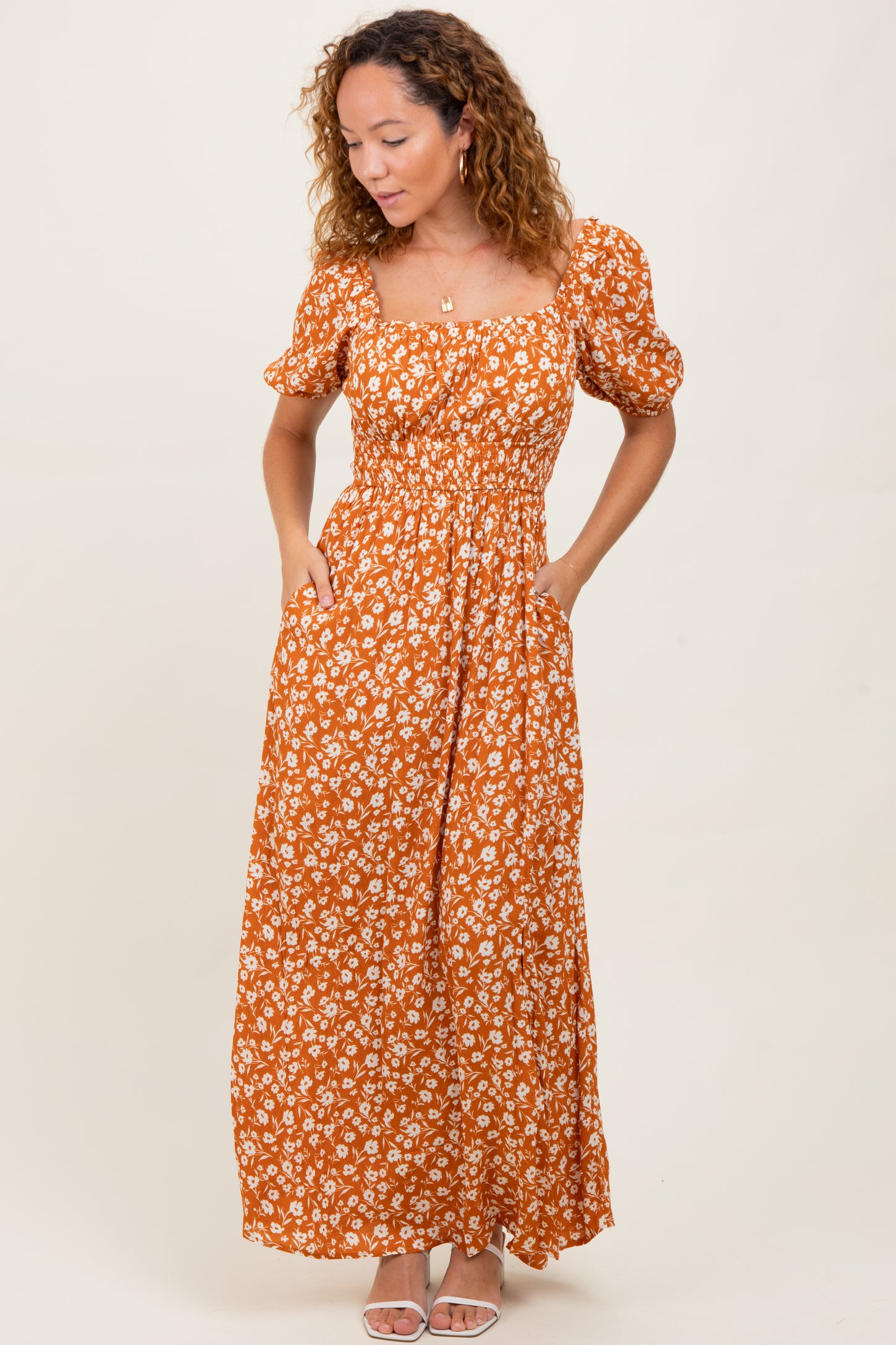 Orange Floral Puff Sleeve Side Slit Midi Dress