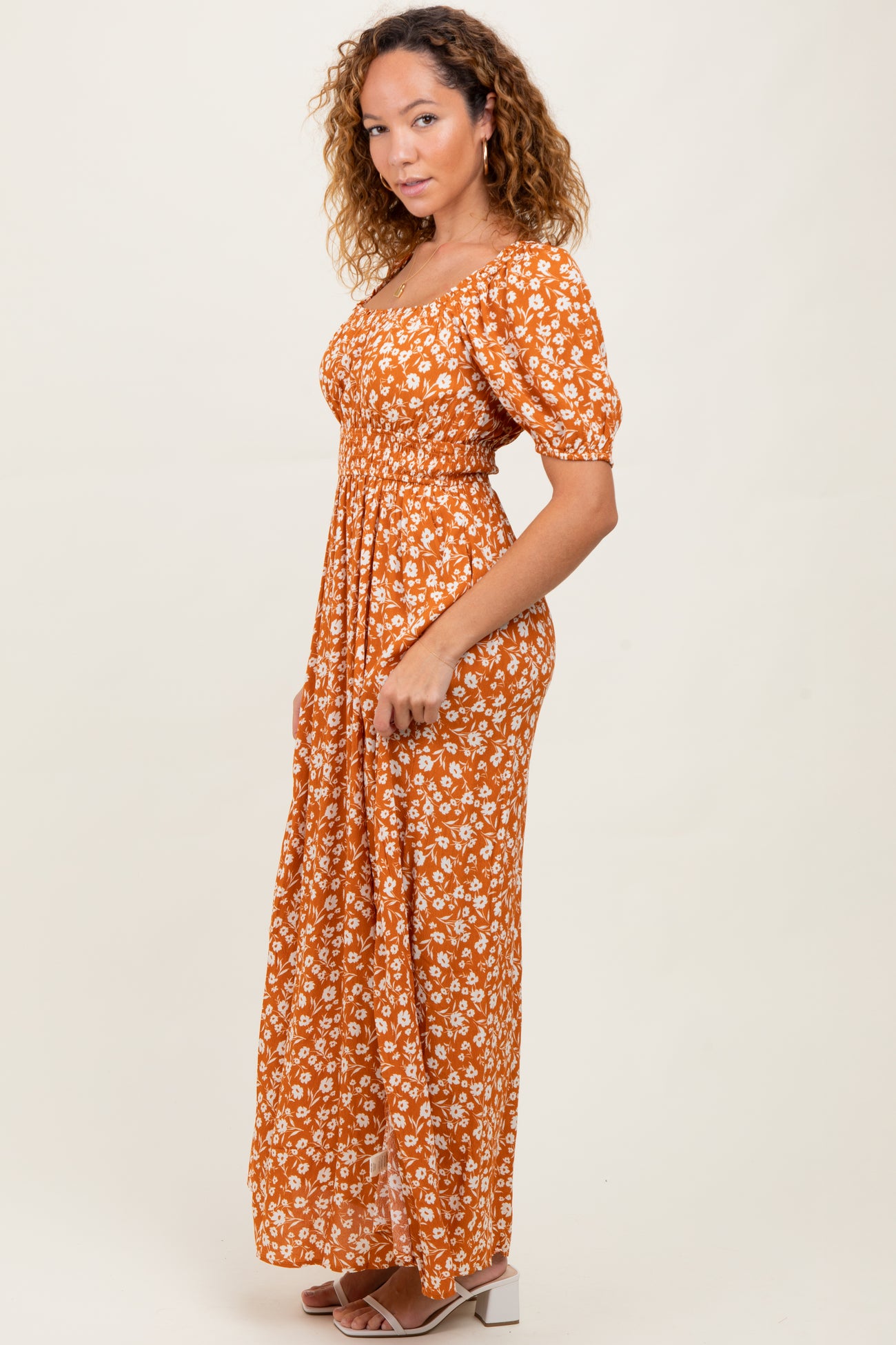 Orange Floral Puff Sleeve Side Slit Midi Dress