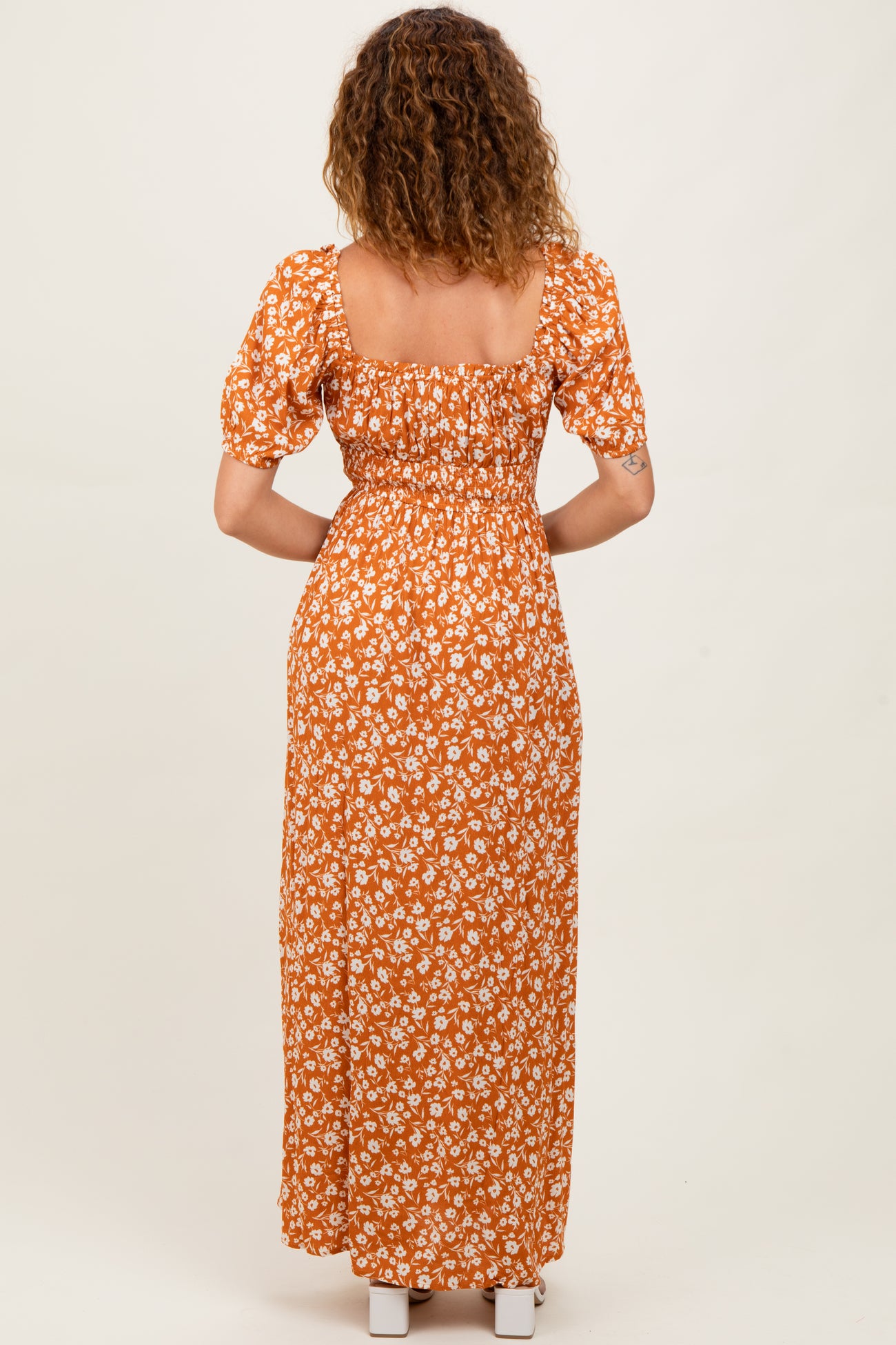Orange Floral Puff Sleeve Side Slit Midi Dress