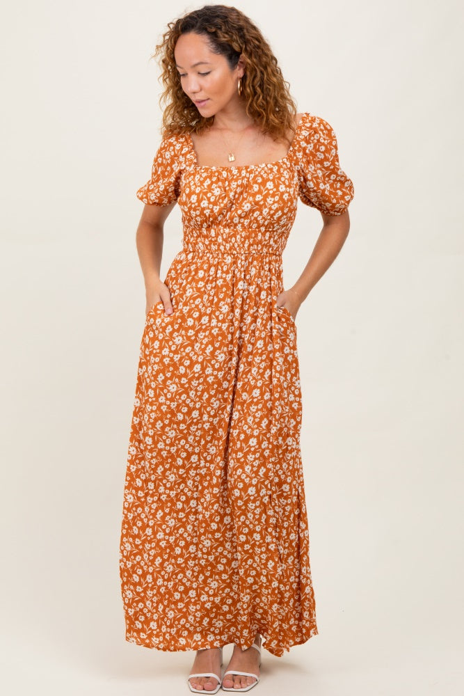 Orange Floral Puff Sleeve Side Slit Maternity Midi Dress