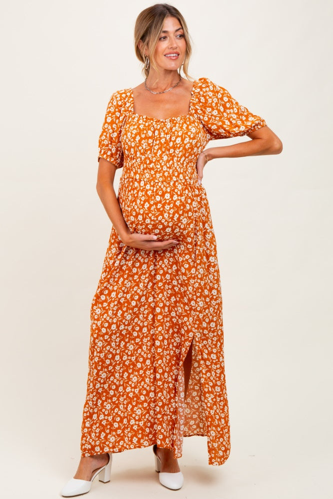 Orange Floral Puff Sleeve Side Slit Maternity Midi Dress