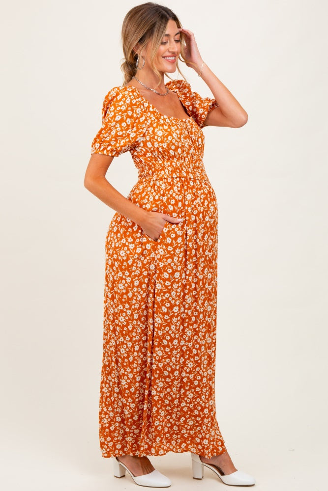 Orange Floral Puff Sleeve Side Slit Maternity Midi Dress