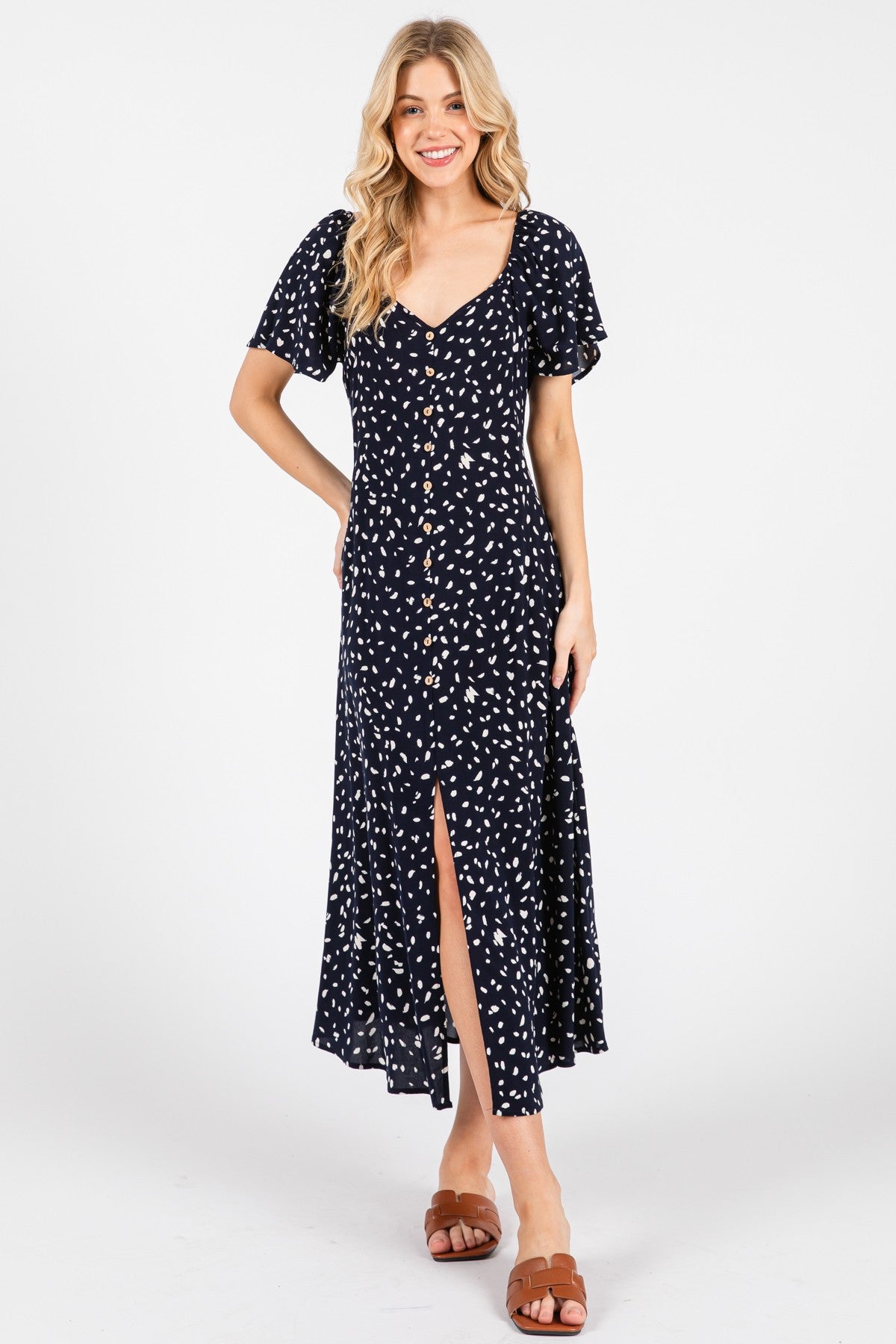Navy Printed Button Accent Flutter Sleeve Midi Dress