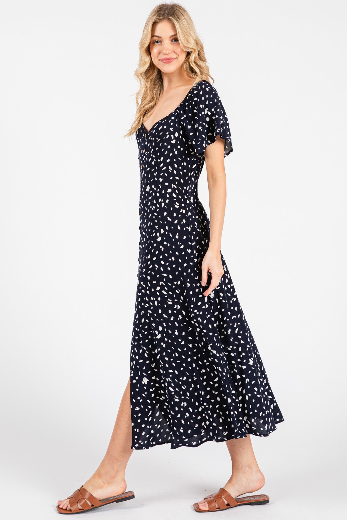 Navy Printed Button Accent Flutter Sleeve Midi Dress