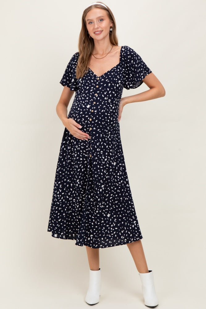 Navy Printed Button Accent Flutter Sleeve Maternity Midi Dress