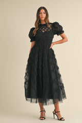 Black Ruffle Detail Swiss Dot Tulle Maternity Midi Dress