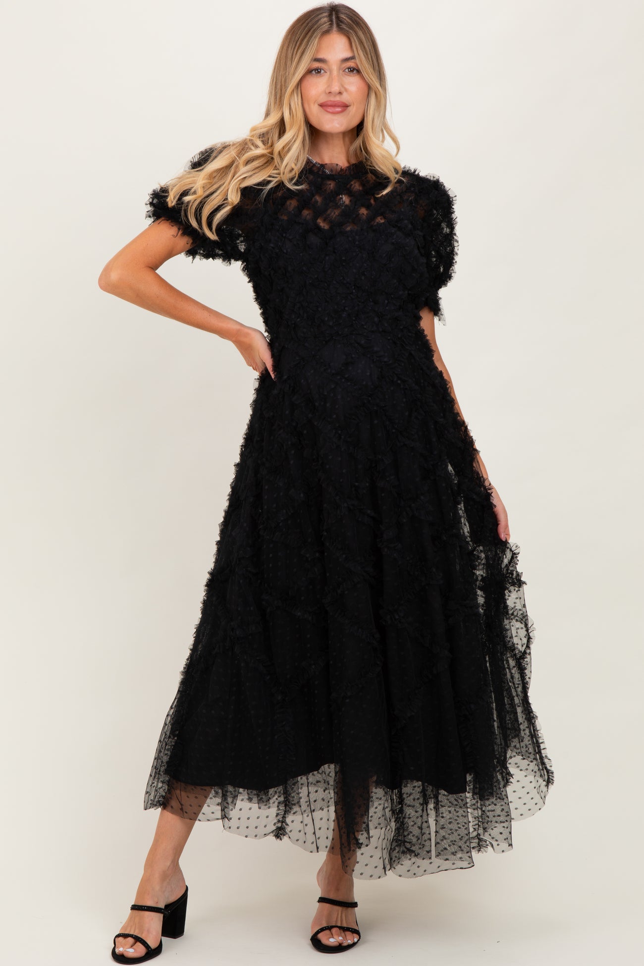Black Ruffle Detail Swiss Dot Tulle Maternity Midi Dress
