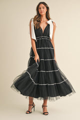 Black Shoulder Bow Tie Lace Detail Tulle Maternity Midi Dress