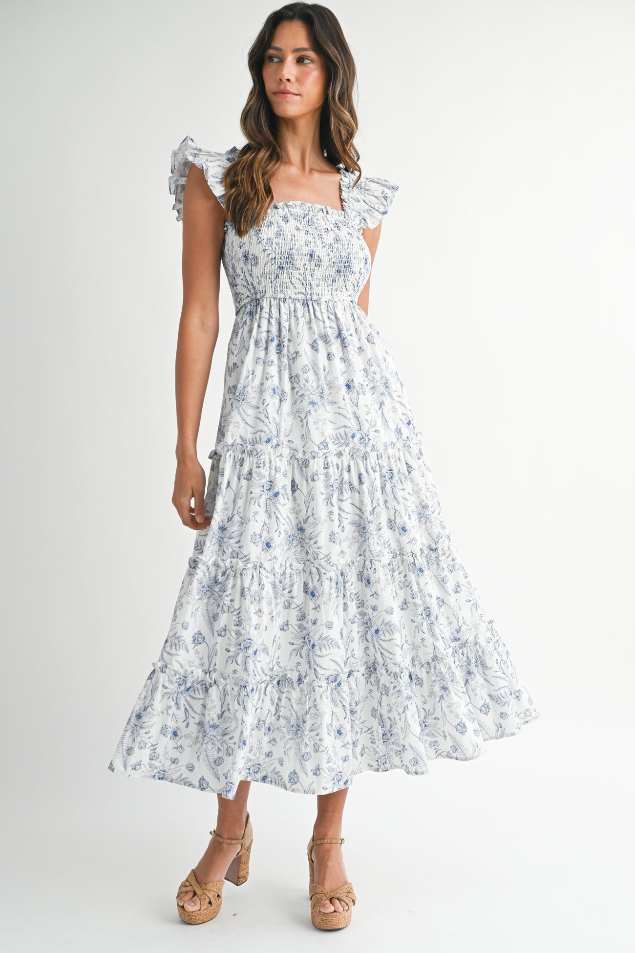 Blue Floral Smocked Tiered Maternity Maxi Dress