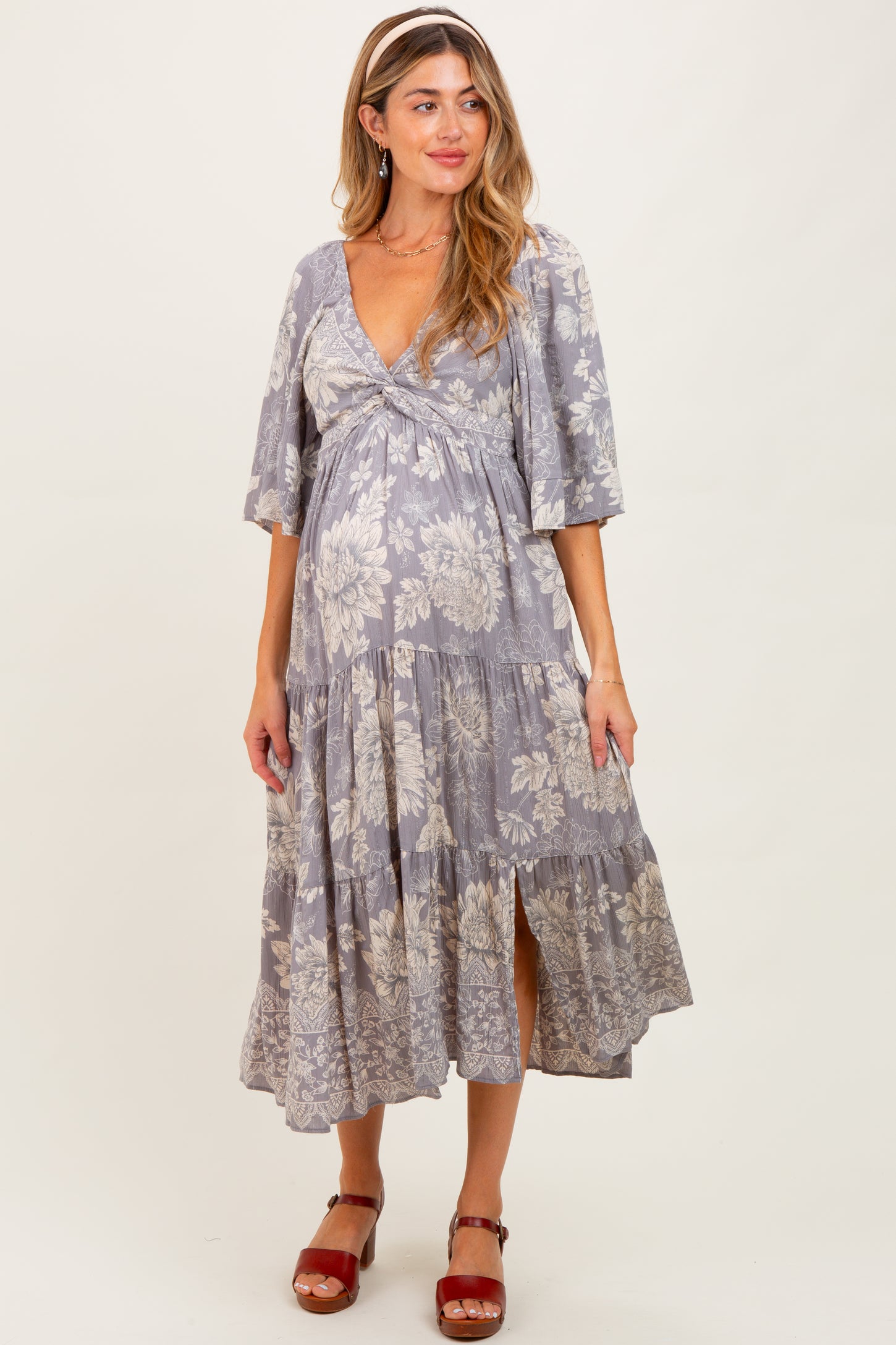 Light Grey Floral Twisted Front Tiered Maternity Midi Dress
