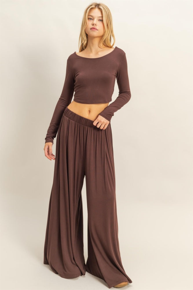 Brown Long-Sleeve Crop Top And Maxi Pants Maternity Set