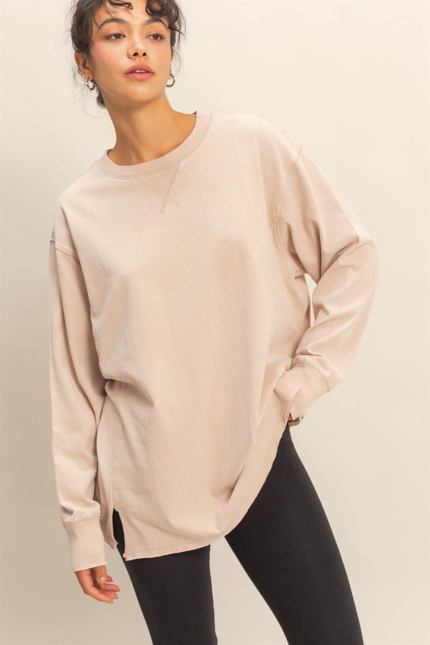Beige Mineral Washed Drop Shoulder Long Sleeve Maternity Top