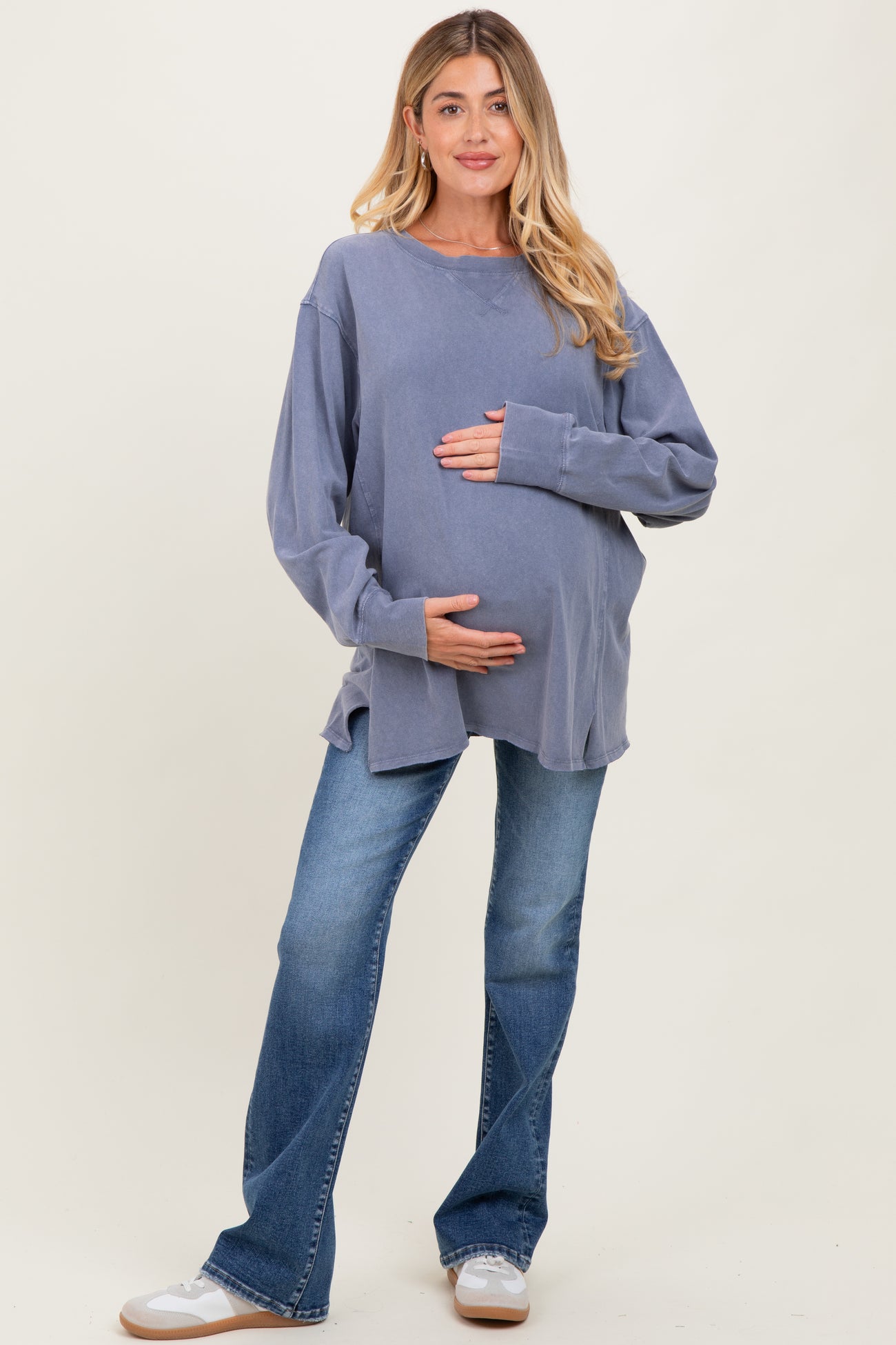 Navy Mineral Washed Drop Shoulder Long Sleeve Maternity Top