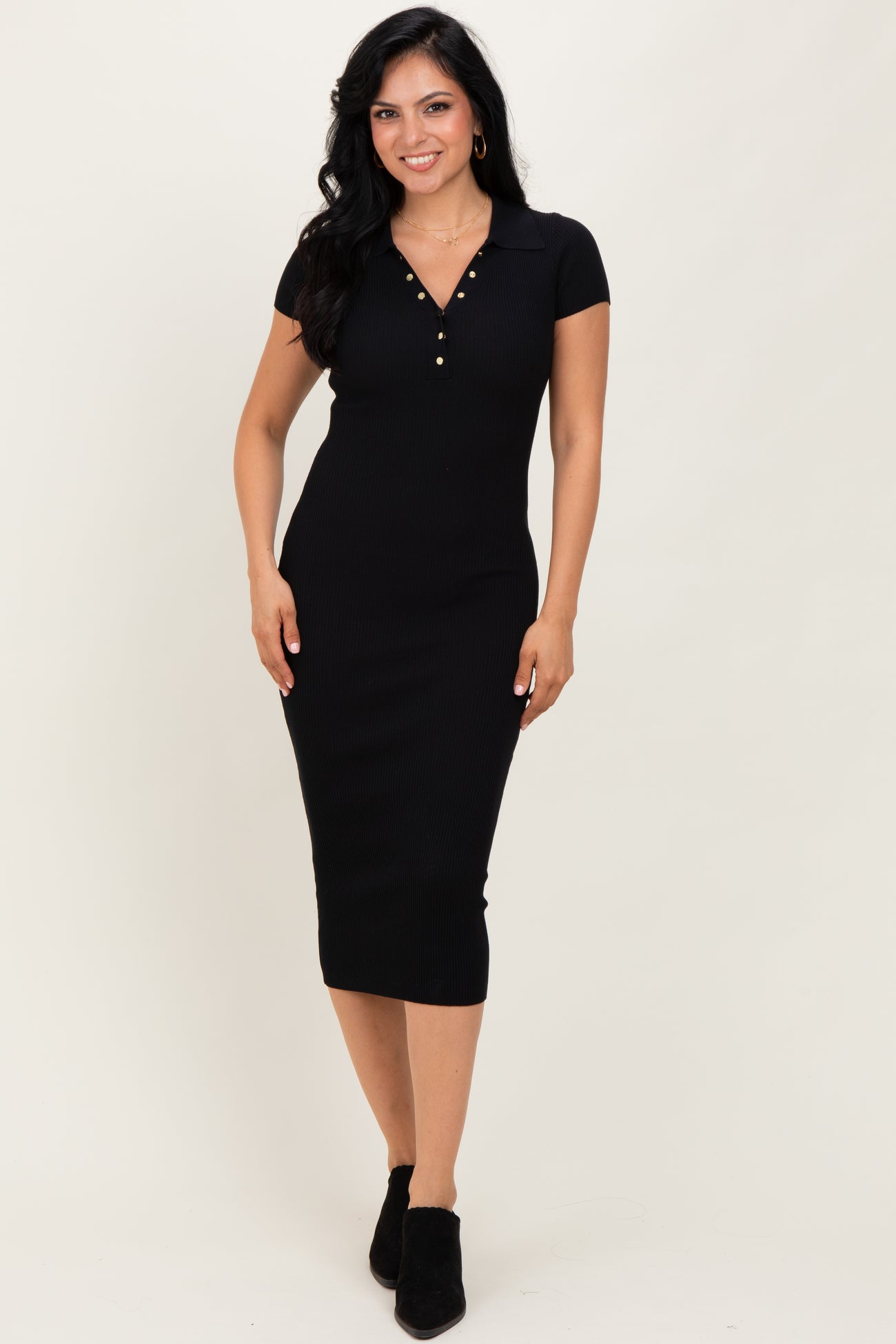 Black Ribbed Knit Maternity Midi Polo Dress