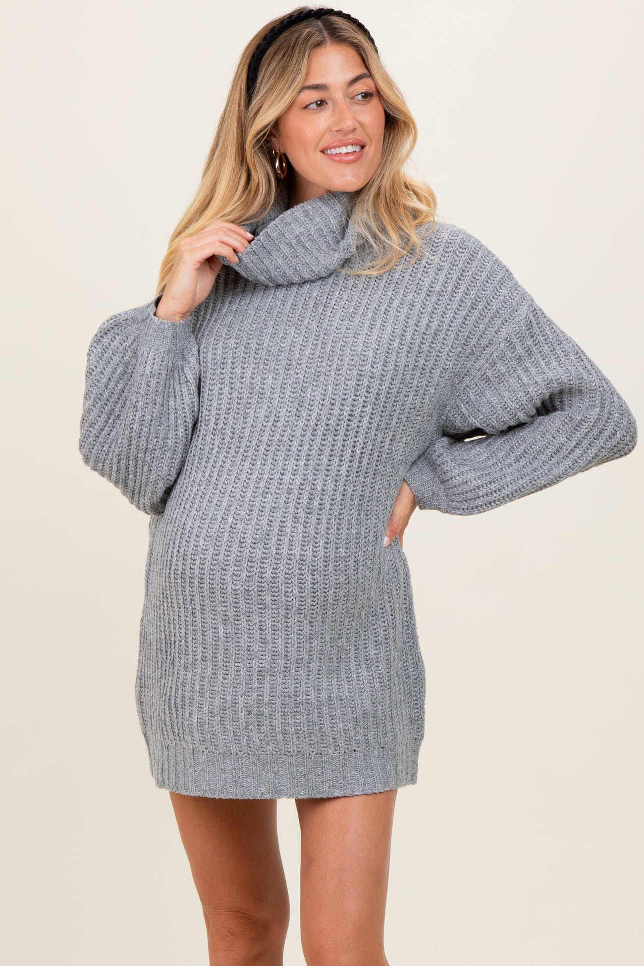 Grey Turtleneck Puff Sleeve Maternity Sweater Dress