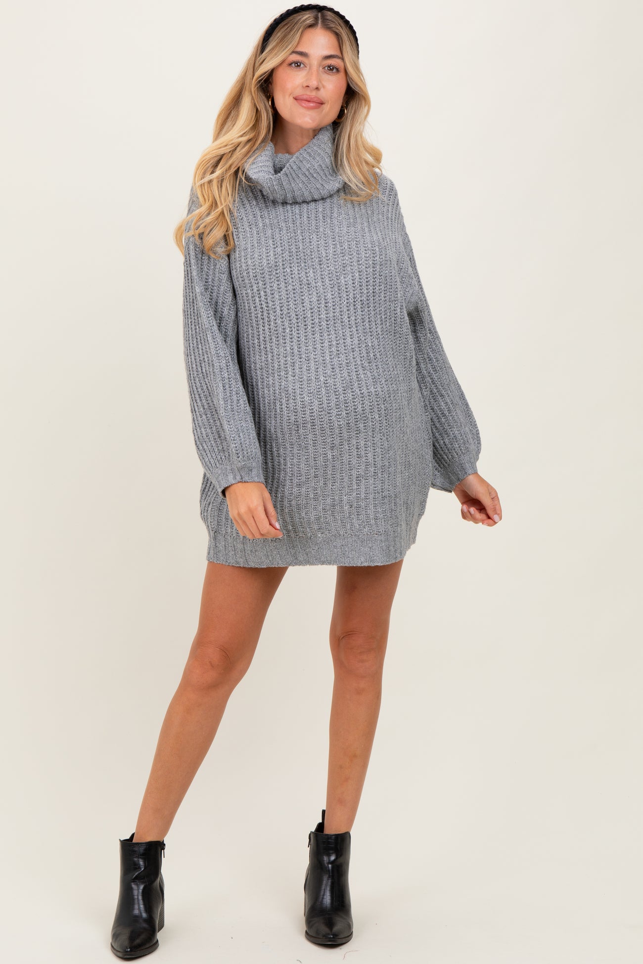 Grey Turtleneck Puff Sleeve Maternity Sweater Dress