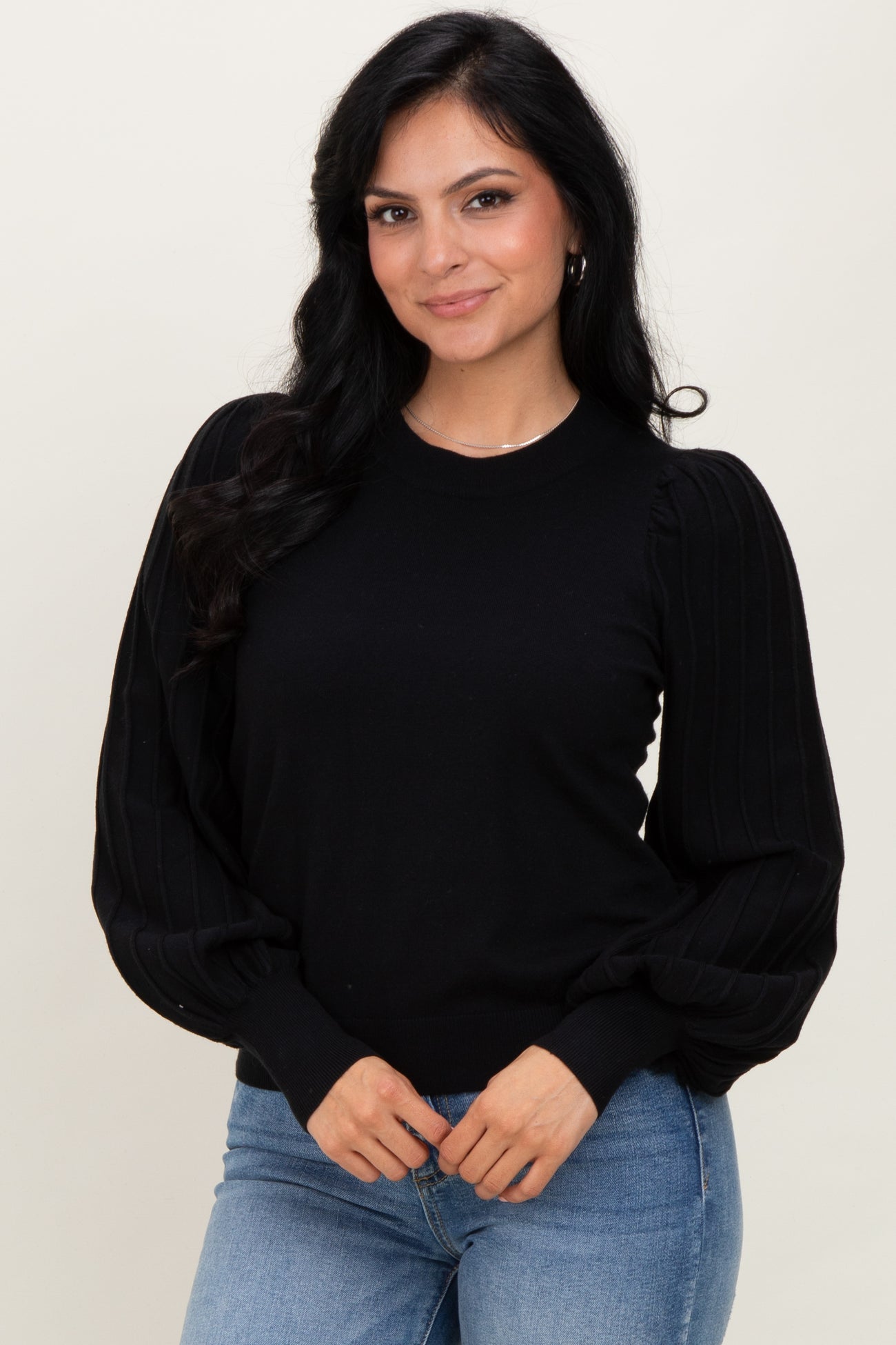 Black Ribbed Bubble Sleeve Knit Top