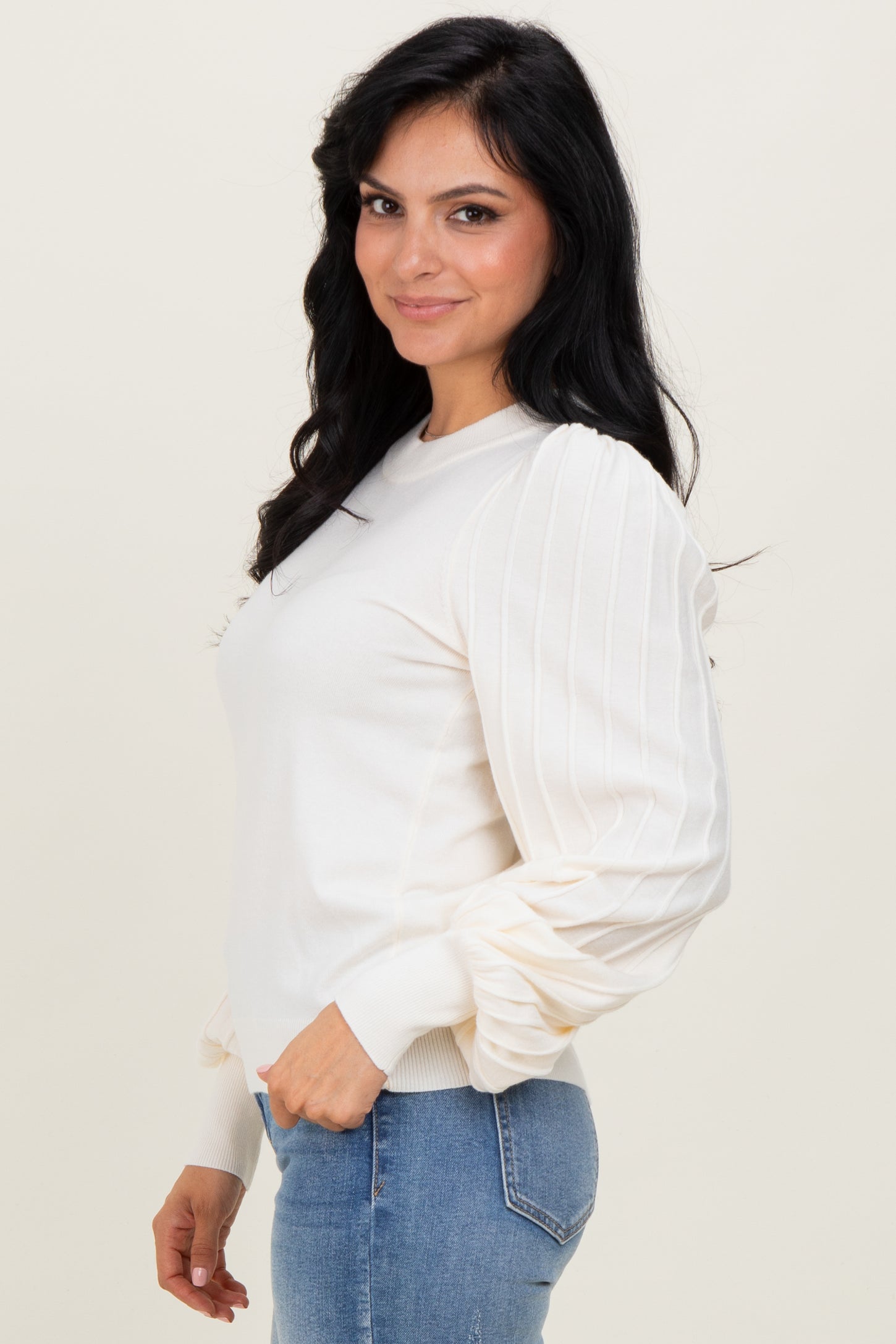 Ivory Ribbed Bubble Sleeve Knit Top