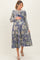 woman wearing a blue patterned maternity dress and holding her baby bump