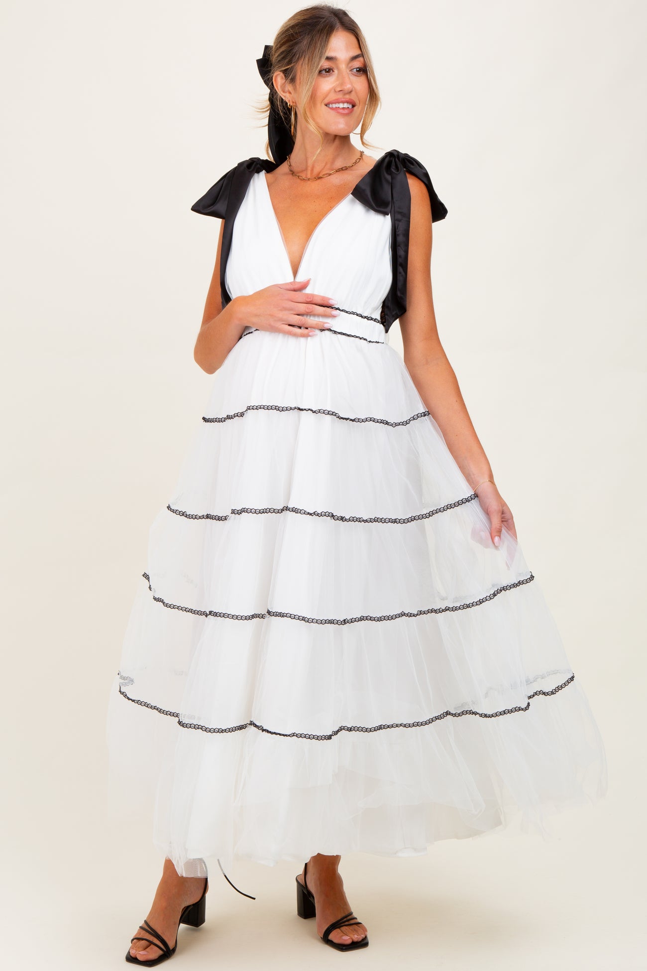 White Shoulder Bow Tie Lace Detail Tulle Maternity Midi Dress