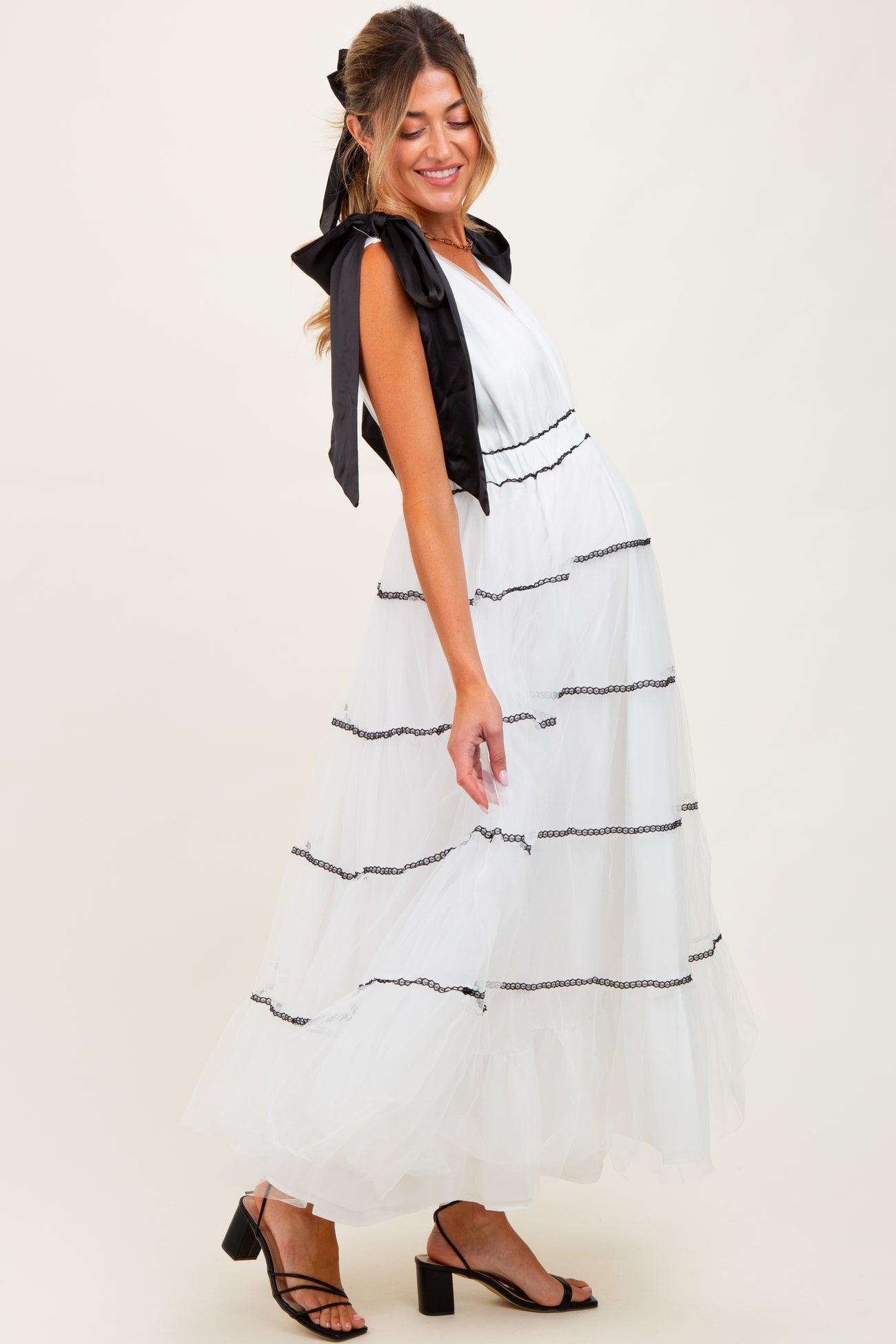 White Shoulder Bow Tie Lace Detail Tulle Maternity Midi Dress