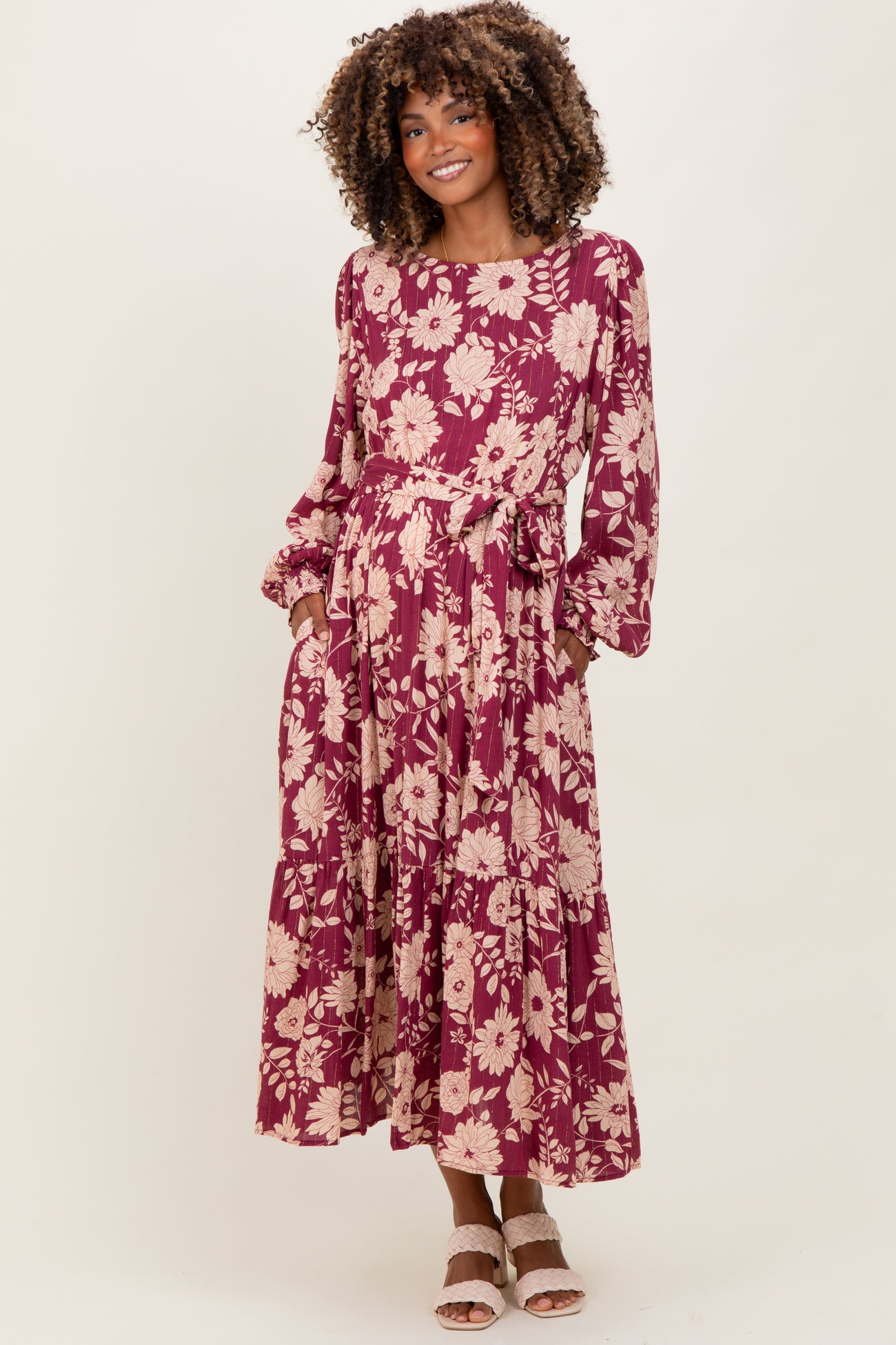 Burgundy Floral Striped Long Sleeve Maternity Midi Dress