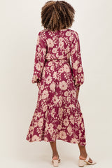 Burgundy Floral Striped Long Sleeve Maternity Midi Dress