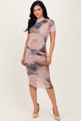 Light Pink Floral Mesh Short Sleeve Maternity Midi Dress