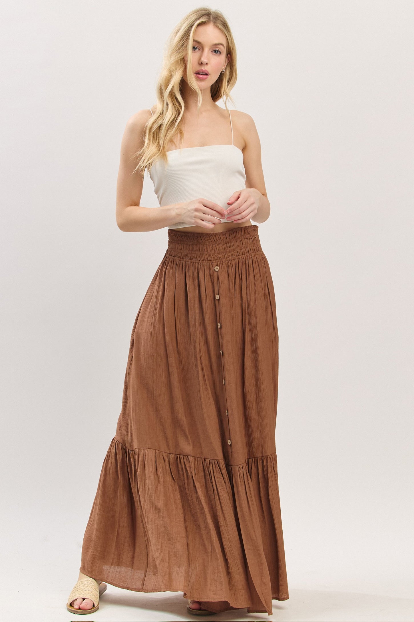 Mocha Smocked Waist Button Accent Maternity Maxi Skirt