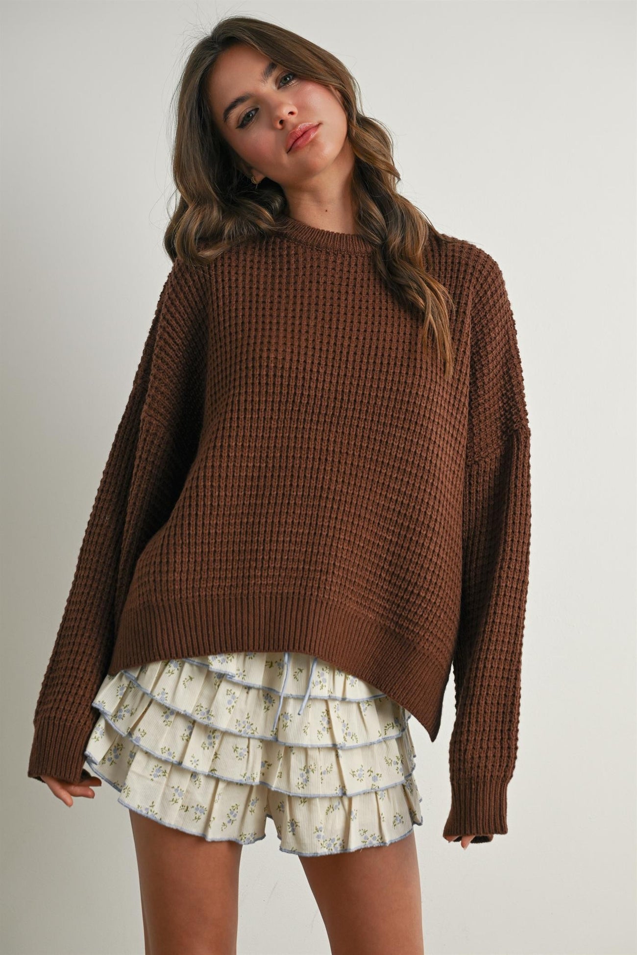 Brown Waffle Knit Side Slit Sweater