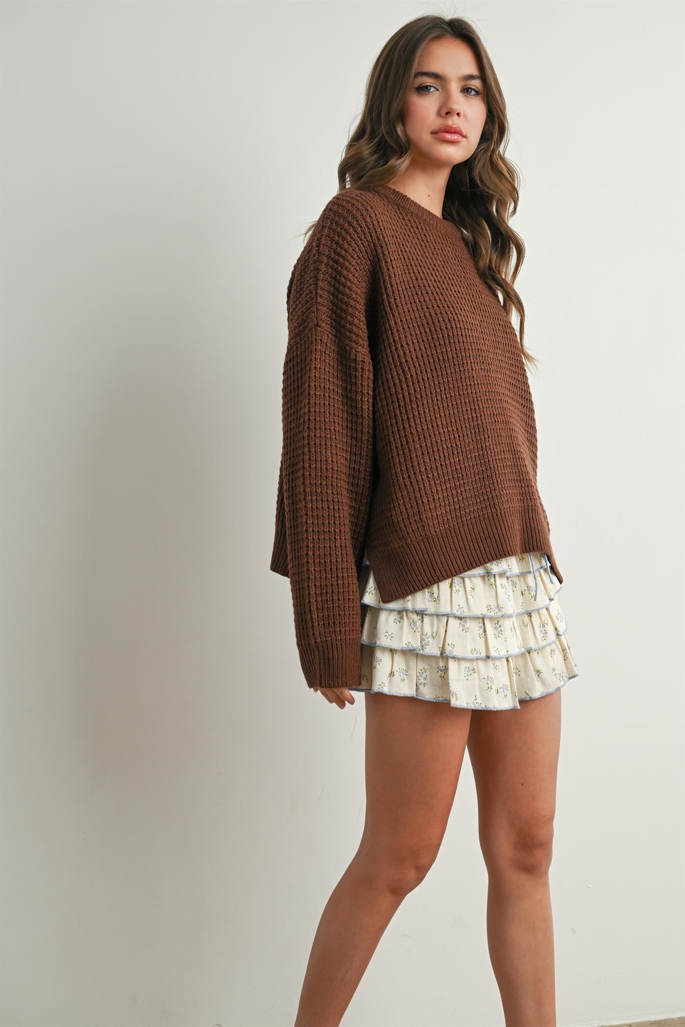 Brown Waffle Knit Side Slit Sweater