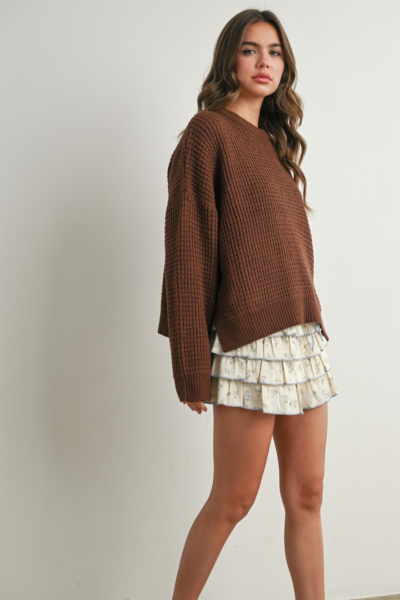 Brown Waffle Knit Side Slit Sweater